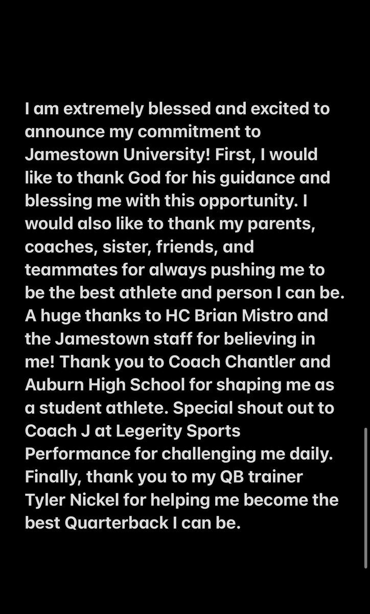 I am truly blessed and excited to announce my commitment to the University of Jamestown! #ChopAndCarry 

<a href="/JimmieFootball/">Jamestown Football</a> 
<a href="/Coach_Mistro/">Brian Mistro</a> 
<a href="/CoachZim_UJ/">Josh Zimmer</a> 
<a href="/coach_achantler/">Aaron Chantler</a> 
<a href="/MattChauvin19/">Matt Chauvin</a> 
<a href="/LegeritySP/">Legerity S.P.</a>