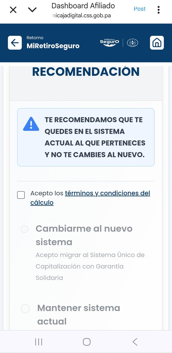 R_RuizDiaz's tweet photo. Esa caja digital de la @CSSPanama  no funciona bien. Te pide definas a que sistemas te quieres afiliarse. Por otro lado te advierte y recomienda que te mantengas en tu sistema actual. Pero luego no te deja escoger la opción mantener sistema actual. https://t.co/OOzmhnQW0W