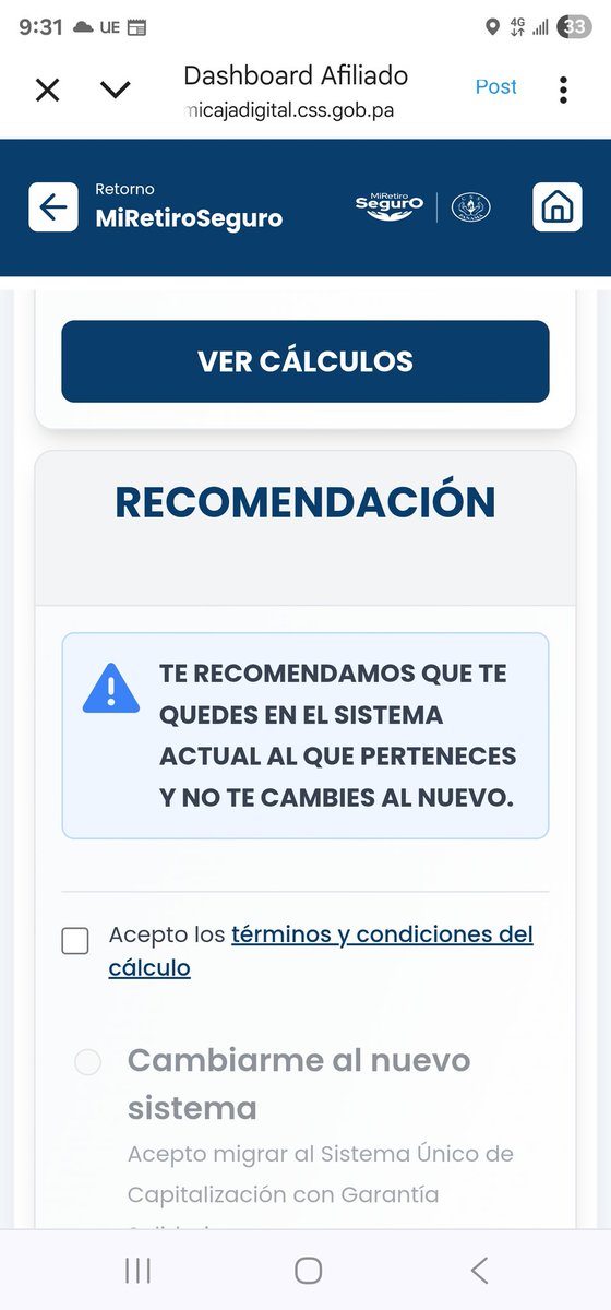 R_RuizDiaz's tweet photo. Esa caja digital de la @CSSPanama  no funciona bien. Te pide definas a que sistemas te quieres afiliarse. Por otro lado te advierte y recomienda que te mantengas en tu sistema actual. Pero luego no te deja escoger la opción mantener sistema actual. https://t.co/OOzmhnQW0W