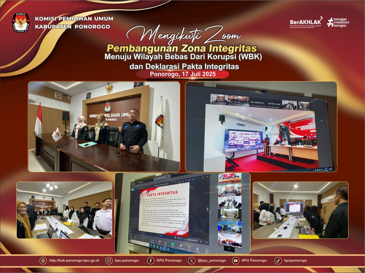 #TemanPemilih, dalam menunjang kesiapan Pembangunan Zona Integritas Persiapan Menuju Wilayah Bebas dari Korupsi (WBK) KPU Kabupaten Ponorogo hadir dalam zoom bersama KPU Republik Indonesia yang mengaitkan tentang Penandatangan Deklarasi Pakta Integritas.