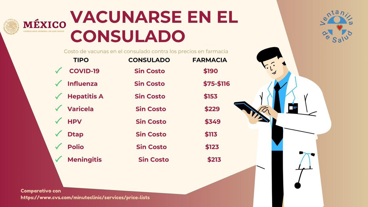 ConsulMexSdi's tweet photo. No te pierdas nuestras Jornadas de Vacunación SIN COSTO*. Este martes 12 de agosto de 9:00 AM a 1:00 PM en el Consulado de México 🇲🇽. Gracias a nuestros aliados de @SanYsidroHealth y de nuestra #VentanillaDeSalud
¡Te esperamos! #SaludParaTodos @IME_SRE https://t.co/mlj3JvzypR