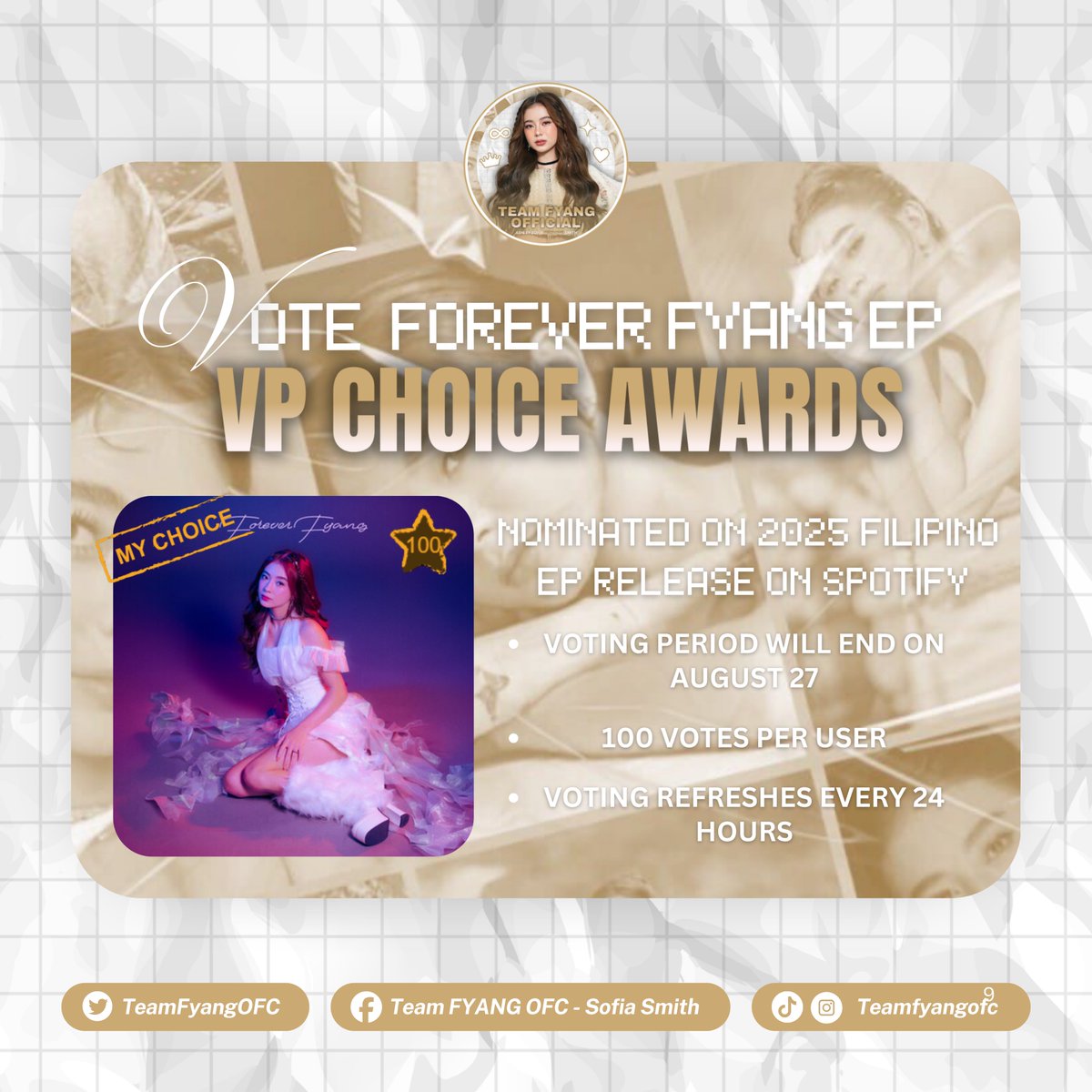 TeamFyangOFC's tweet photo. ⭐𝐕𝐎𝐓𝐄 𝐅𝐎𝐑𝐄𝐕𝐄𝐑 𝐅𝐘𝐀𝐍𝐆 𝐄𝐏

Fyang Smith has been nominated for the upcoming 7th VP Choice Awards, this time in the category: 'Which 2025 Filipino EP release on Spotify is your favorite and currently on your playlist?'.

Forever Fyang EP was released last June 20, 2025. Fyang's debut five-track EP explores vulnerabuility in "Clingy AF", determination in "Kaya Mo Ba" and heartbreak in "Para Shoot". 

Cast your vote now. Your participation may serve as a bridge in helping determine the potential nominees for the upcoming 7th VP Choice Awards. 

🔗: https://t.co/aqneqO88lv

#FyangSmith #ForeverFyangEP