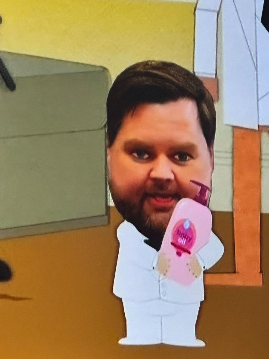 JD Vance holding a bottle of baby oil for Donald Trump on this week's episode of South Park