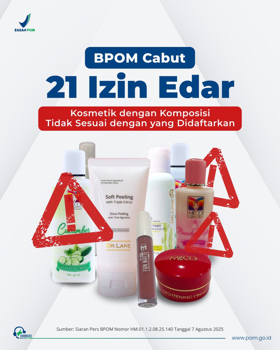 BPOM_RI's tweet photo. Hai #SahabatBPOM, BPOM kembali menemukan kosmetik tidak sesuai ketentuan di Indonesia. Kali ini temuan pelanggarannya adalah komposisi yang tidak sesuai dengan yang tercantum pada kemasan. https://t.co/btBBpE0FO9