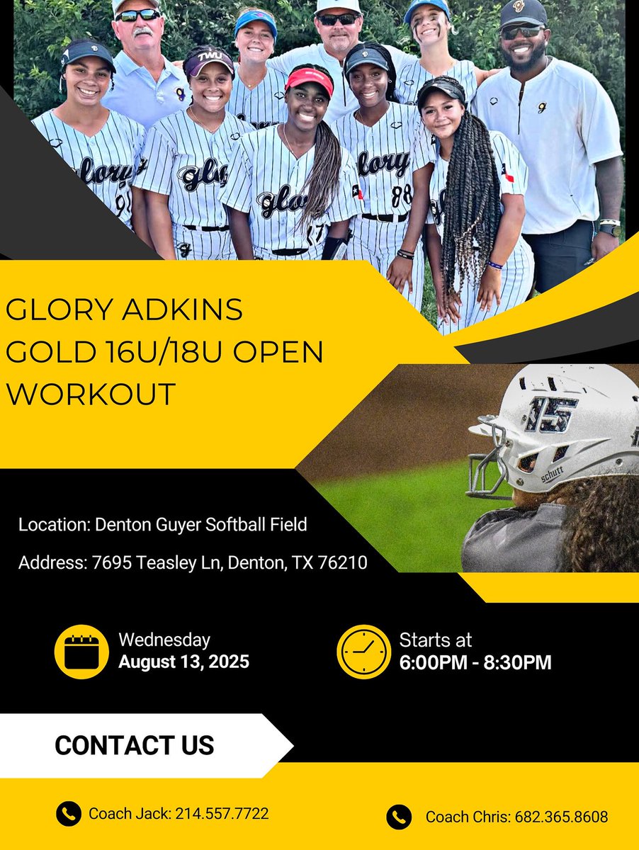 Join us for 16U/18U Open Workout🥎
📍Location: Denton Guyer 
📅 Date: August 13, 2025
⏰ Time: 6:00 PM – 8:30 PM

Come showcase your skills and meet our coaching staff!

📞: Coach Jack-214-557-7722 or 
Coach Chris -682-365-8608 for more info.

See you on the field! 🥎
#halosup😇