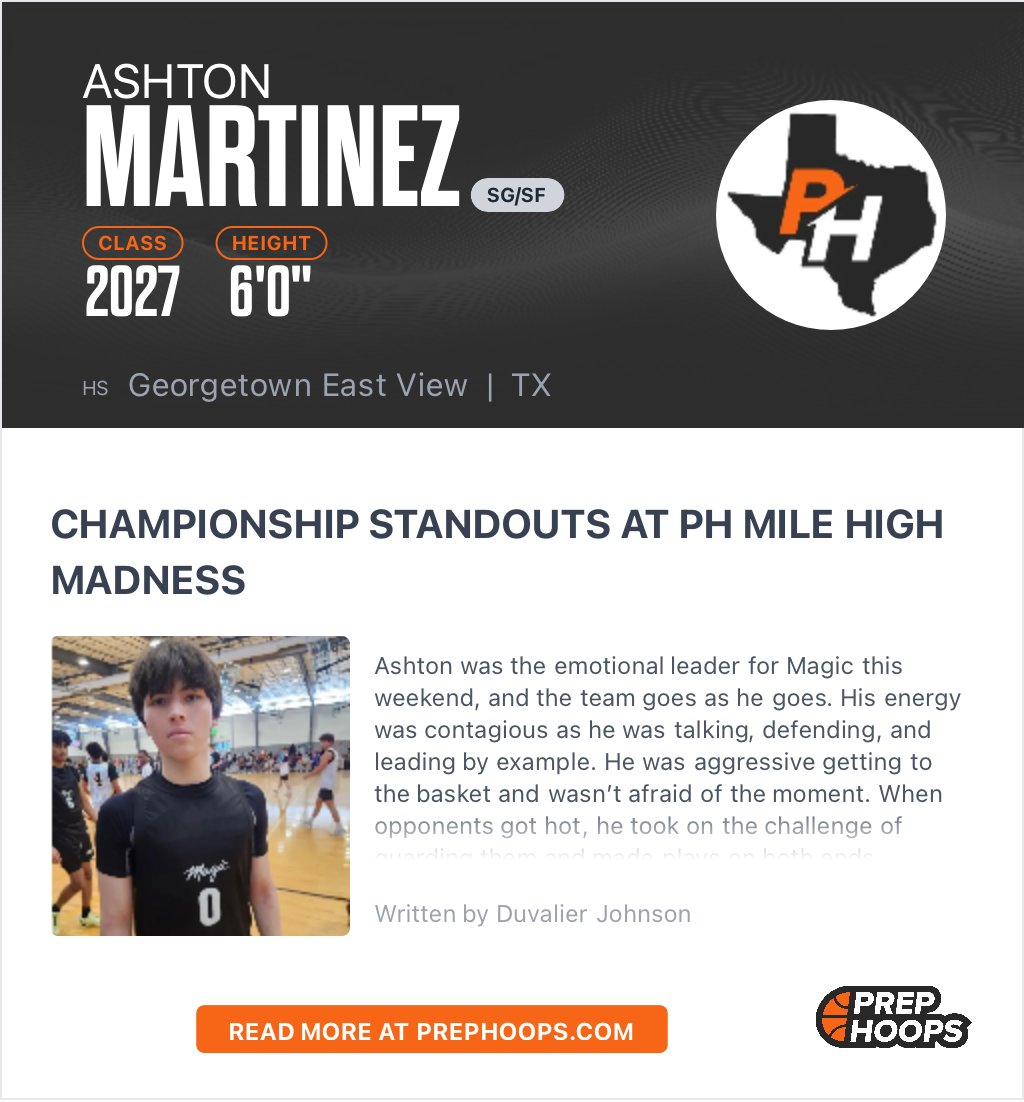Magic Basketball Club (@magic_prospects) on Twitter photo With the fewest turnovers per game and his ability to create offense when his team needs it, <a href="/_ASTN0/">Ashton Martinez</a> provides our team with the calm presence needed to pull off tough wins.
15 PTS per game
+163
<a href="/PrepHoops/">Prep Hoops ๐</a> <a href="/PHCircuit/">Prep Hoops Circuit ๐</a> <a href="/PrepHoopsTX/">Prep Hoops Texas</a> With the fewest turnovers per game and his ability to create offense when his team needs it, <a href="/_ASTN0/">Ashton Martinez</a> provides our team with the calm presence needed to pull off tough wins.
15 PTS per game
+163
<a href="/PrepHoops/">Prep Hoops ๐</a> <a href="/PHCircuit/">Prep Hoops Circuit ๐</a> <a href="/PrepHoopsTX/">Prep Hoops Texas</a>