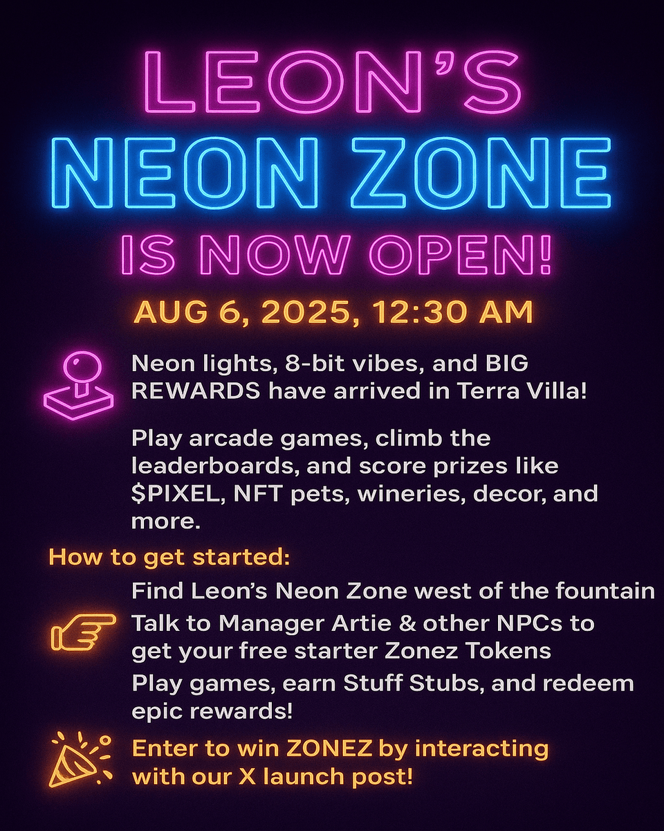 DynamicDiganta's tweet photo. 🎮 Leon's Neon Zone is live! 🌟 @pixels_online
Neon lights, 8-bit vibes, &amp; big rewards await!
🏆 Play arcade games, earn $PIXEL, win NFTs, decor, &amp; more.
Start west of the fountain &amp; talk to Manager Artie!
🎉 Enter to win ZONEZ → See our launch post!

#PixelsGame #PixelsCreator https://t.co/NVDphpYGpX