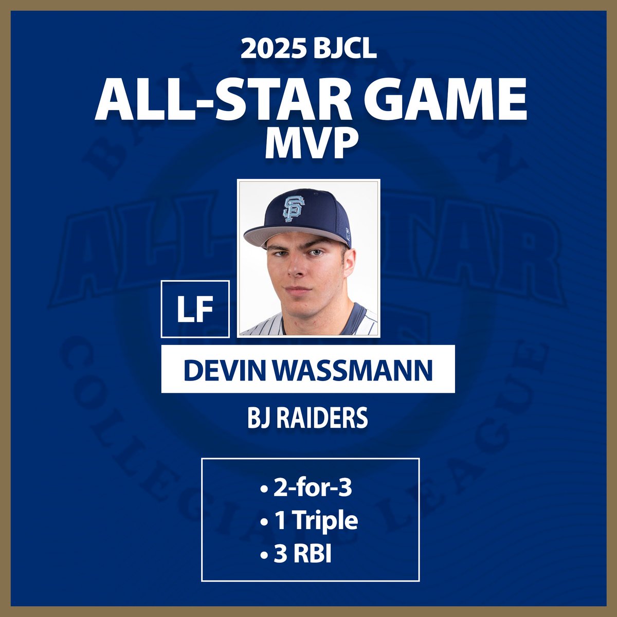 BanJohnsonBSB (@banjohnsonbsb) on Twitter photo BJ Raiders LF Devin Wassmann (<a href="/devin_wassmann/">Devin Wassmann</a> / <a href="/StateFairBSBL/">State Fair CC Baseball</a> ) was named the #BJCL All-Star Game MVP after driving in three runs, including a first-inning RBI single and a two-run triple in the third, to lead the National Division to a 6-0 win over the American Division at BJ Raiders LF Devin Wassmann (<a href="/devin_wassmann/">Devin Wassmann</a> / <a href="/StateFairBSBL/">State Fair CC Baseball</a> ) was named the #BJCL All-Star Game MVP after driving in three runs, including a first-inning RBI single and a two-run triple in the third, to lead the National Division to a 6-0 win over the American Division at