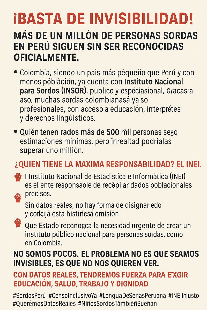 hronaldpena's tweet photo. 🧏‍♂️ ¡Basta de invisibilidad!
📢 Más de un millón de personas sordas en Perú siguen sin ser reconocidas oficialmente. @INEI_oficial @pcmperu @MimpConadis @Defensoria_Peru https://t.co/VU0F8zhOSM