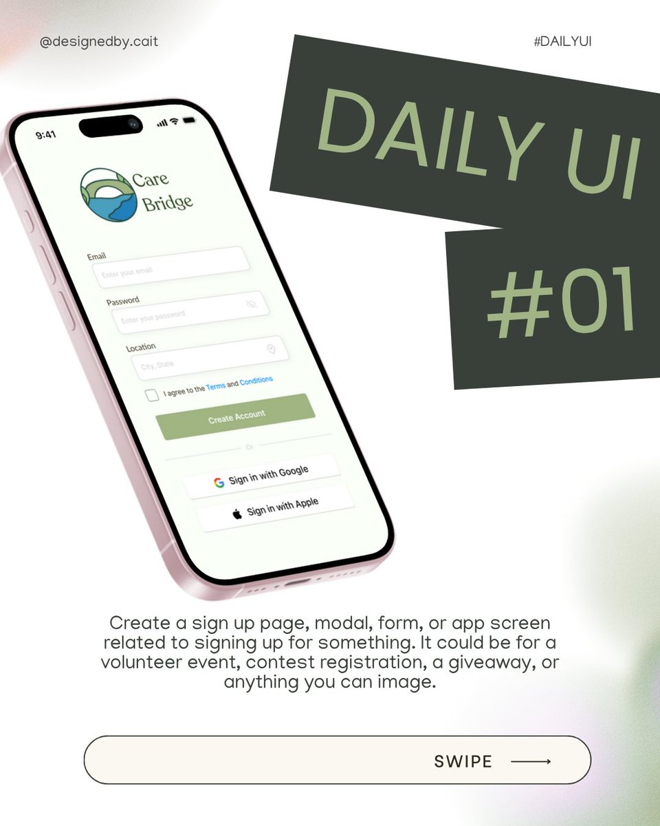 designedby_cait's tweet photo. DAILY UI #01 — Sign Up Page
Introducing Care Bridge — a simple, calm onboarding concept for community-focused apps 🌼✨

〰️
Tools: Illustrator &amp; Figma
Fonts: Recoleta + Lato
Full case study in my other page (link in bio!) 🤍
#uiuxdesign #uidesigner #signuppage #DailyUI https://t.co/HES8i0N6Oe