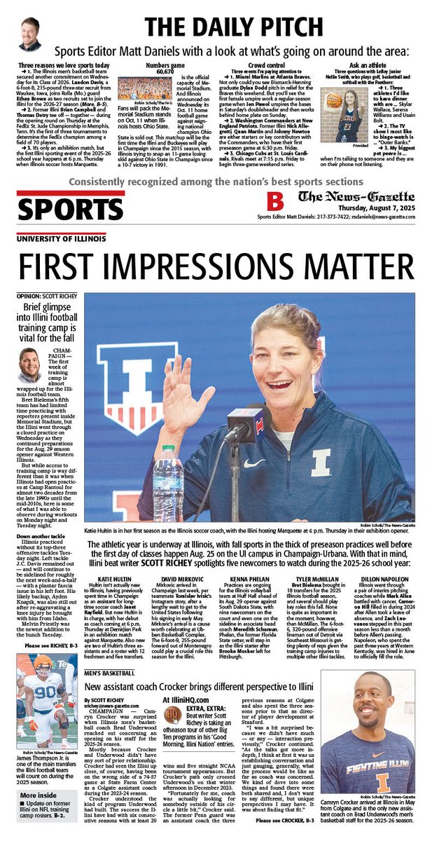 IlliniHQ (@illinihq) on Twitter photo Thursday's N-G sports cover features <a href="/srrichey/">Scott Richey</a> on #Illini football training camp impressions, five newcomers to watch during the 2025-26 school year and new <a href="/IlliniMBB/">Illinois Men's Basketball</a> assistant coach Camryn Crocker. Plus, <a href="/mdaniels_NG/">Matt Daniels</a>'s latest Daily Pitch.
<a href="/APSE_sportmedia/">APSE</a>
<a href="/ngphotostaff/">News-Gazette Photo</a> Thursday's N-G sports cover features <a href="/srrichey/">Scott Richey</a> on #Illini football training camp impressions, five newcomers to watch during the 2025-26 school year and new <a href="/IlliniMBB/">Illinois Men's Basketball</a> assistant coach Camryn Crocker. Plus, <a href="/mdaniels_NG/">Matt Daniels</a>'s latest Daily Pitch.
<a href="/APSE_sportmedia/">APSE</a>
<a href="/ngphotostaff/">News-Gazette Photo</a>