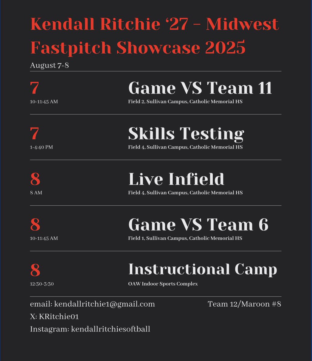 Kendall Ritchie (@kritchie01) on Twitter photo Extremely excited to compete with & against great athletes at the <a href="/ShowtimeSports1/">Showtime Sports</a> Midwest Fastpitch Showcase.
I am part of Team 12 and will be wearing #8. My schedule is attached below. Good luck to all the girls competing tomorrow!
Huge shoutout to <a href="/ProductionsW7/">W7 Productions</a> for Extremely excited to compete with & against great athletes at the <a href="/ShowtimeSports1/">Showtime Sports</a> Midwest Fastpitch Showcase.
I am part of Team 12 and will be wearing #8. My schedule is attached below. Good luck to all the girls competing tomorrow!
Huge shoutout to <a href="/ProductionsW7/">W7 Productions</a> for