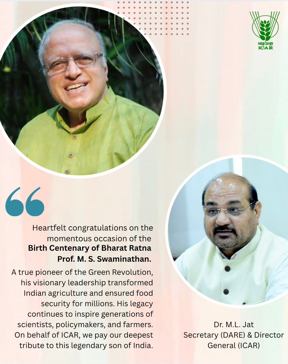 Indian Council of Agricultural Research. (@icarindia) on Twitter photo Congratulatory Message from Dr. M.L. Jat, Secretary (DARE) & Director General (ICAR)
on the occasion of the Birth Centenary of Prof. M.S. Swaminathan. #ICAR #mss100 <a href="/narendramodi/">Narendra Modi</a> <a href="/ChouhanShivraj/">Shivraj Singh Chouhan</a> <a href="/PIB_India/">PIB India</a> Congratulatory Message from Dr. M.L. Jat, Secretary (DARE) & Director General (ICAR)
on the occasion of the Birth Centenary of Prof. M.S. Swaminathan. #ICAR #mss100 <a href="/narendramodi/">Narendra Modi</a> <a href="/ChouhanShivraj/">Shivraj Singh Chouhan</a> <a href="/PIB_India/">PIB India</a>