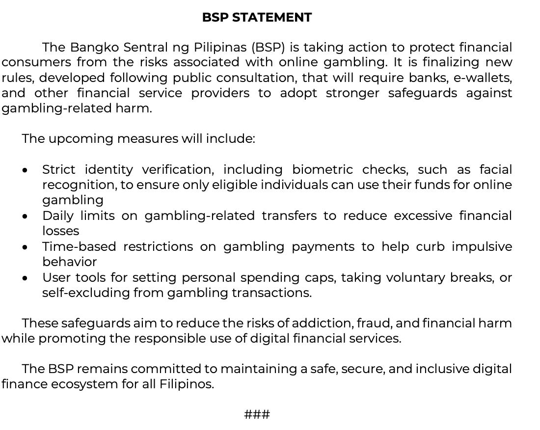 LOOK: The <a href="/BangkoSentral/">Bangko Sentral</a> is developing new rules for financial institutions to protect consumers from online gambling risks. <a href="/bworldph/">BusinessWorld</a>