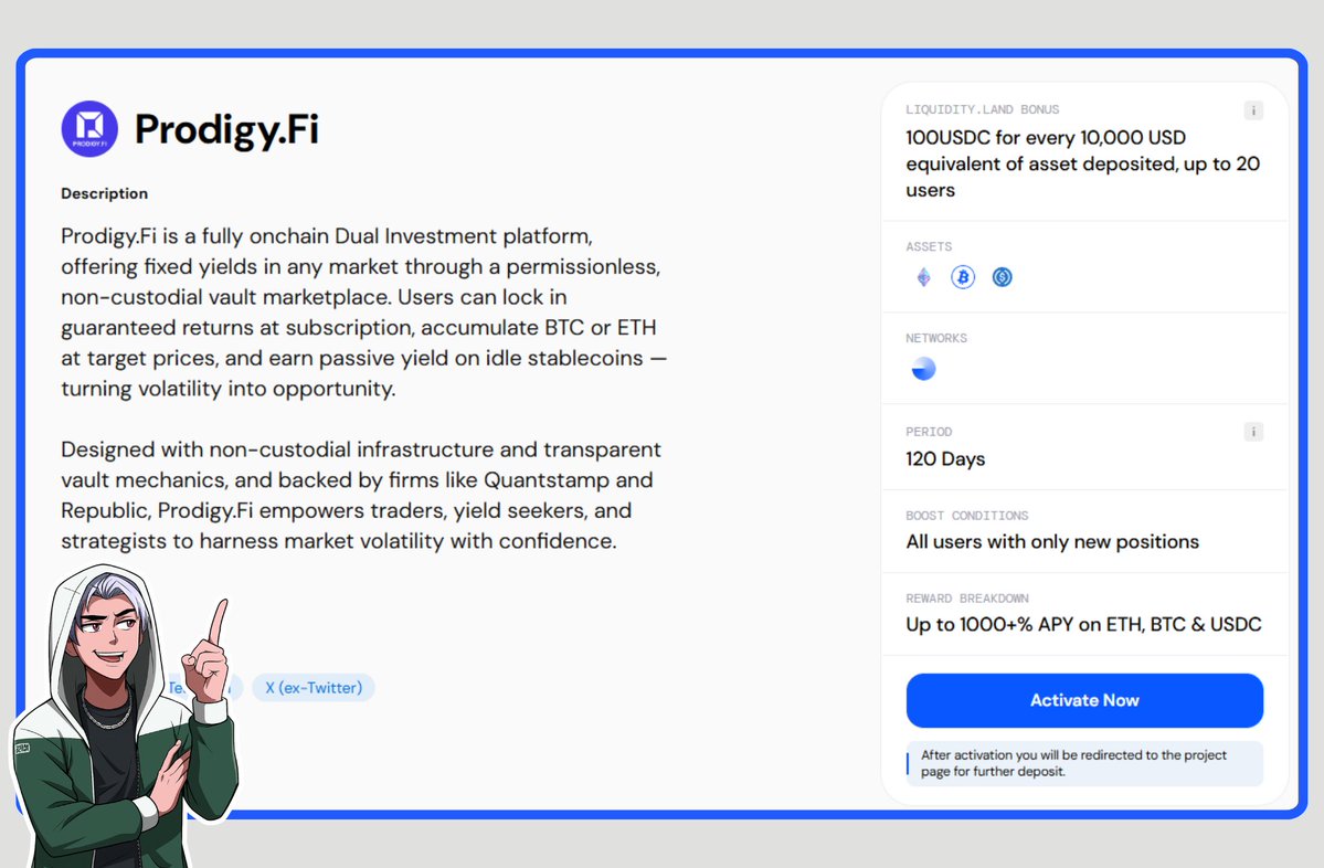 Clivv (@clivvnft) on Twitter photo Most people sit on stablecoins. I put mine to work.
With <a href="/ProdigyFi/">Prodigy.Fi</a> on <a href="/Liquidity_Land/">Liquidity.Land</a>, I’m earning fixed yields in minutes no active management, no surprises.
→ Up to 1000%+ APY on ETH/USDC vaults
→ Just 1–2 day lock-ins
→ Stay fully onchain & non-custodial
→ Backed by Most people sit on stablecoins. I put mine to work.
With <a href="/ProdigyFi/">Prodigy.Fi</a> on <a href="/Liquidity_Land/">Liquidity.Land</a>, I’m earning fixed yields in minutes no active management, no surprises.
→ Up to 1000%+ APY on ETH/USDC vaults
→ Just 1–2 day lock-ins
→ Stay fully onchain & non-custodial
→ Backed by