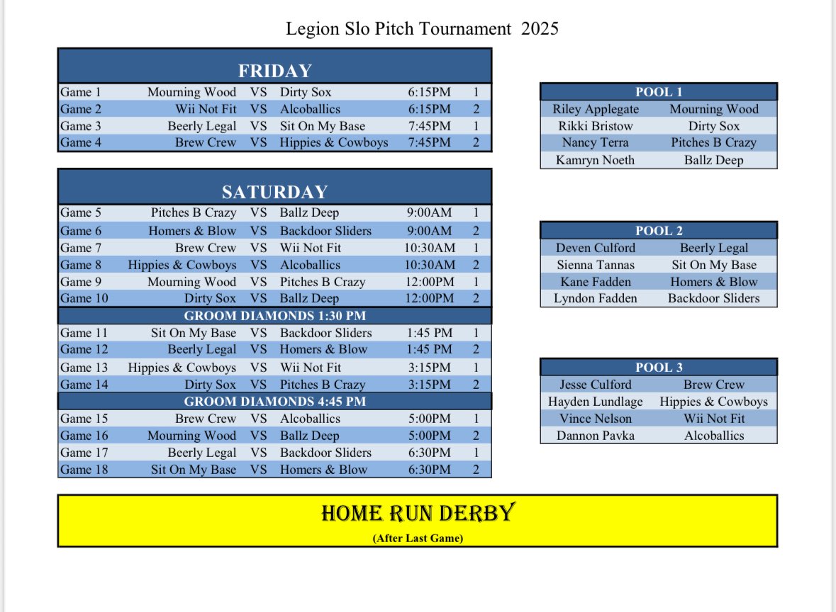 Schedule for the 9th Annual Legion Slo Pitch Tournament