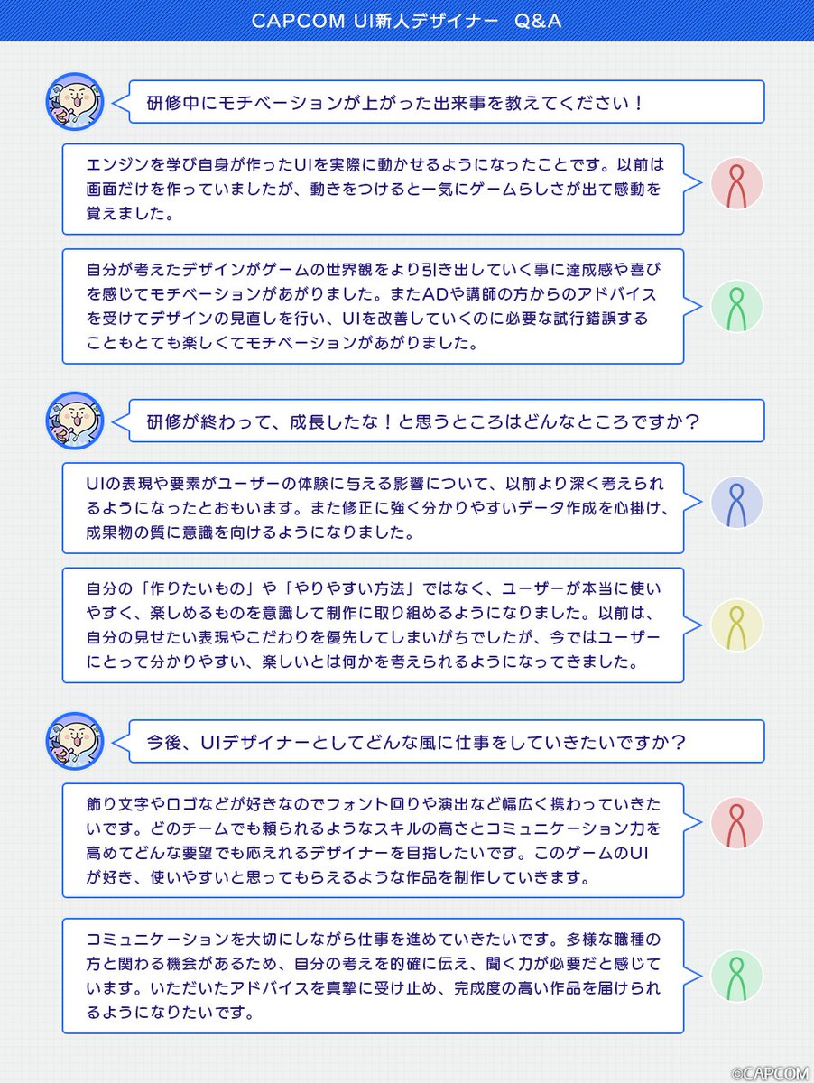 CAPCOM_UXD's tweet image. 今年の新人さん達に、新人研修を振り返ってどうだったのかをインタビューしてみました。
研修は情報設計やビジュアル制作、実装演習などなど多岐に渡る試行錯誤の連続でしたが、
とても楽しんで受講してくれたようです！これからの活躍に期待が高まります！
#カプコンUI #ゲームUI #研修