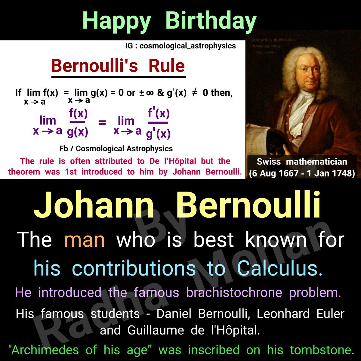 CosmoAstrophy's tweet photo. On August 06, 1667, a great mathematician was born in the famous Bernoulli family - #JohannBernoulli. Along with his elder brother #JacobBernoulli, he was one of the founders of the calculus of variations.

He was the doctoral advisor of #LeonhardEuler. https://t.co/tK8fbcic9Y