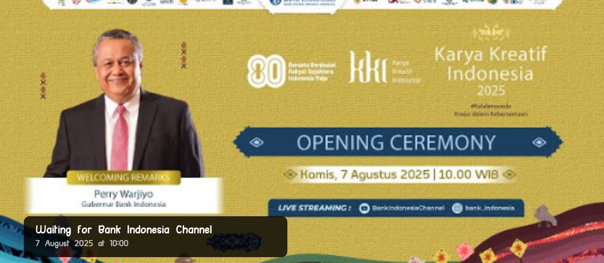 Karya Kreatif Indonesia (KKI) 2025 launching hari ini! 

 Ada lebih dari 1.000 UMKM dengan produk lokal. 🚀

*Agenda Hari Ini*
- Opening Ceremony
- Talkshow Pariwisata
- Talkshow "KOMPAK" UMKM

Apakah kamu ingin tahu lebih lanjut tentang KKI?

#KaryaKreatifIndonesia #KKI2025