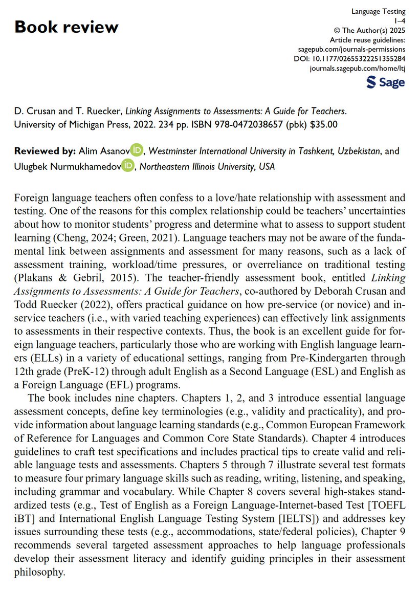 Language Testing (@langtestjournal) on Twitter photo Now available in OnlineFirst, Alim Asanov (<a href="/WestminsterEdu/">Westminster International University in Tashkent</a>) and Ulugbek Nurmukhamedov (<a href="/NEIU/">Northeastern Illinois University</a>) review the book āLinking Assignments to Assessments: A Guide for Teachersā by Deborah Crusan and Todd Ruecker. doi.org/10.1177/026553⦠Now available in OnlineFirst, Alim Asanov (<a href="/WestminsterEdu/">Westminster International University in Tashkent</a>) and Ulugbek Nurmukhamedov (<a href="/NEIU/">Northeastern Illinois University</a>) review the book āLinking Assignments to Assessments: A Guide for Teachersā by Deborah Crusan and Todd Ruecker. doi.org/10.1177/026553ā¦