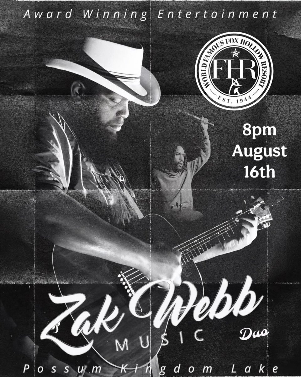 🦊 Consider this your official invitation! 
🤩 Who: Zak Webb Duo
😊 What: Live Award Winning Entertainment 
😃 When: Saturday, August 16th, at 8:00 pm
😁 Where: Fox Hollow Resort - Fox Hollow Resort at Fox Hollow Road, Graham, TX
#zakwebbmusic #pklake #grahamtx