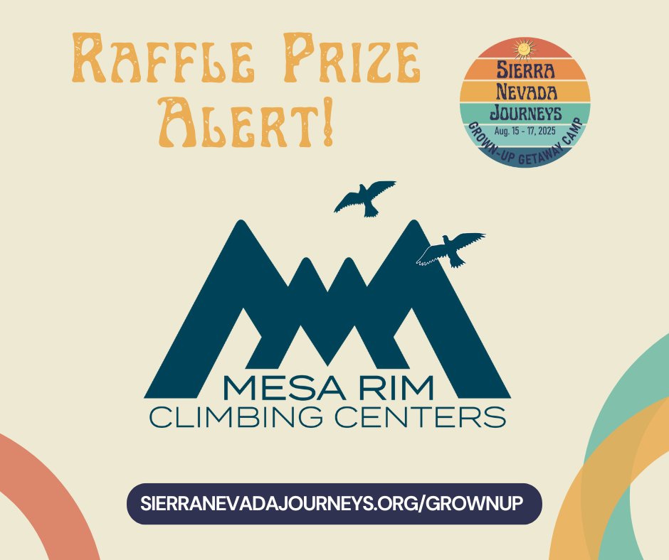 High fives to <a href="/MesaRim/">Mesa Rim Climbing</a> Climbing Center in Reno — NV's largest indoor climbing, fitness, &amp; yoga facility — for donating to our Grown-Up Getaway Camp (Aug 15-17) raffle!
Win: Day passes, belay lessons, memberships
sierranevadajourneys.org/grownup