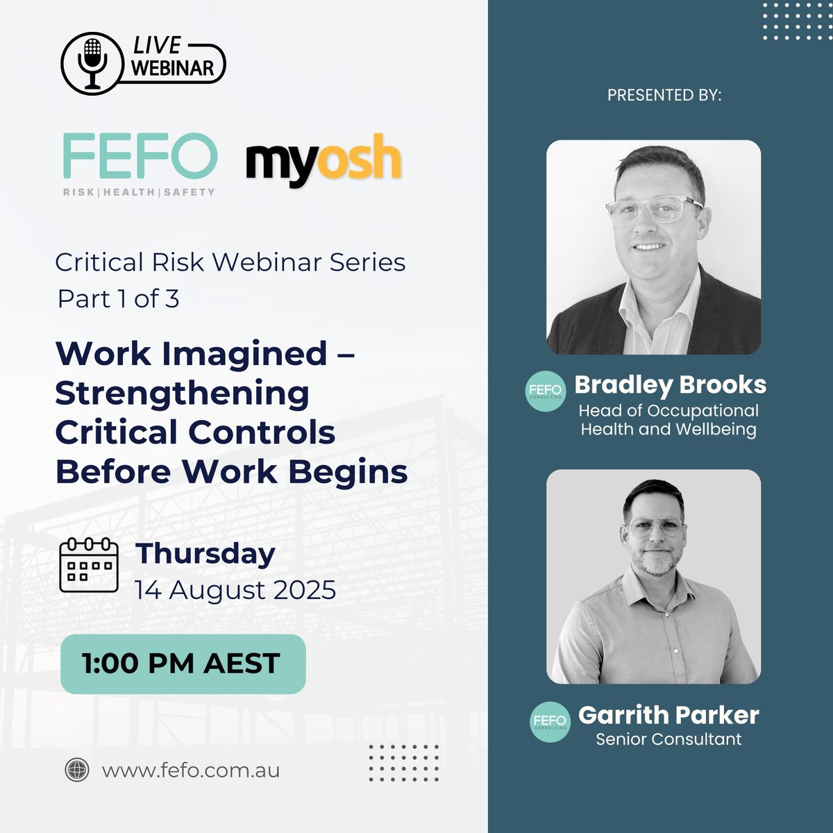 ConsultingFefo's tweet image. FEFO Consulting will collaborate with myosh to deliver a 3-Part Webinar Series on Critical Risk Management.

For more information, visit our blog at fefo.com.au/critical-risk-…

#fefo #safetytransformation
