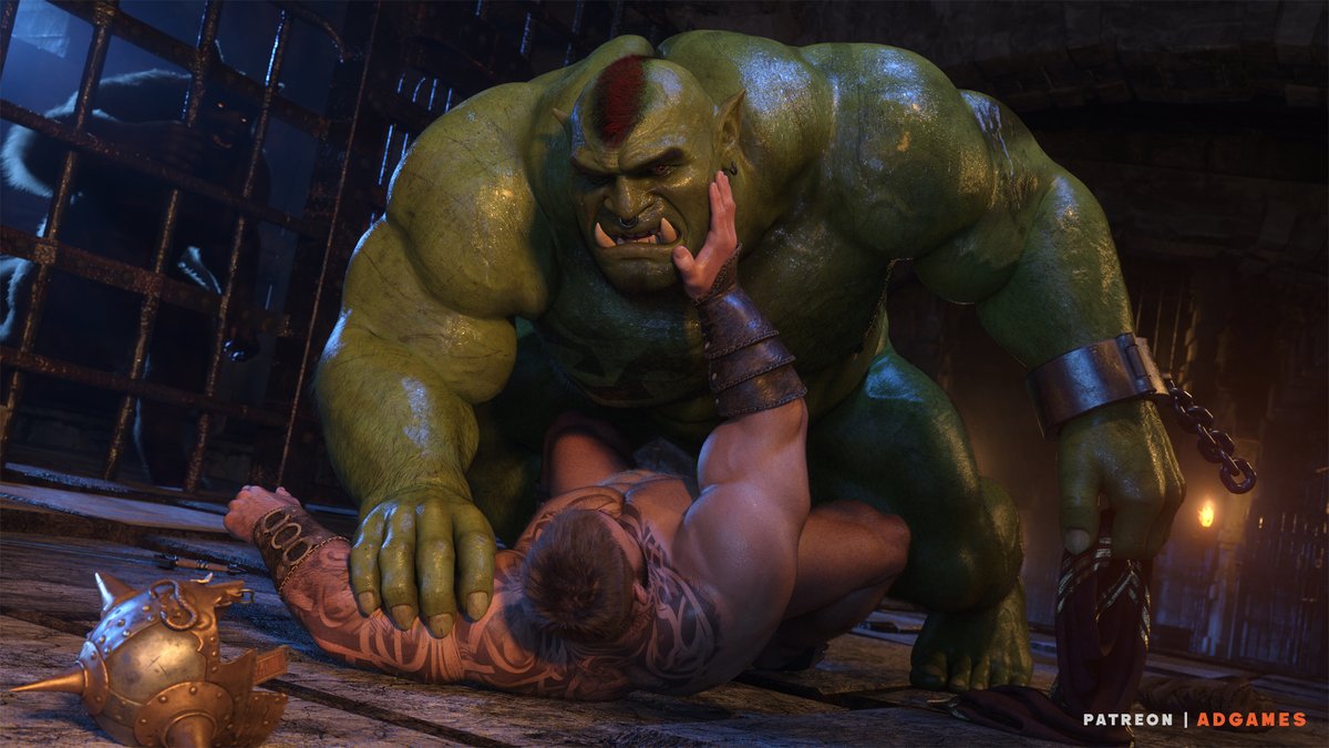 In Gorethar, Thalion, a dungeon guard, watches over imprisoned Tharians.  But an unexpected bond forms, fear turns to fascination.   

A ~10k word story, with 6 detailed images of Boruk lovingly fill Thalion.

On my P ! 💚

#bara #orc #gay #gayfantasy #3d