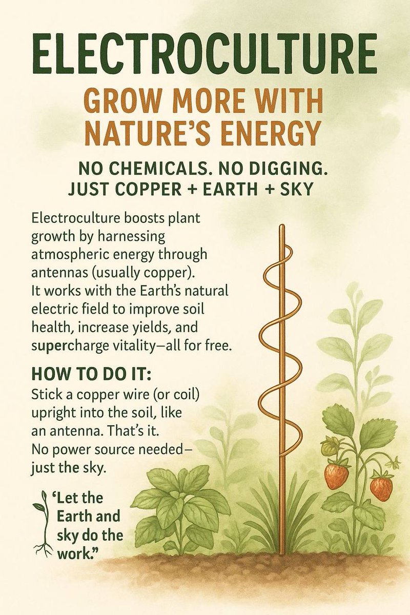 vegastarr's tweet photo. They want you to believe you need chemicals to grow food. But the Earth already gives you everything 🌱⚡

Electroculture is ancient tech.
No digging. No wires. No power source.
Just copper + sky + soil = supercharged growth.

✨ Reclaim nature’s frequency:
👉 https://t.co/VwlV1cVLGx