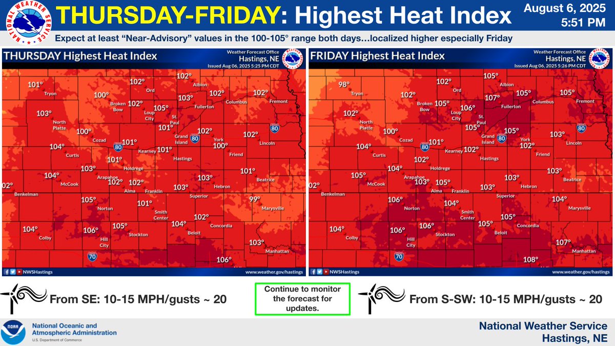 NWSHastings's tweet image. THURS-FRI Heat: Afternoon heat index values will be at least 100-105° both days (overall slightly worse Friday), putting us right on the brink of possible Heat Advisory issuance. Whether or not Advisories are issued, please take any necessary heat-related precautions. #NEwx #KSwx