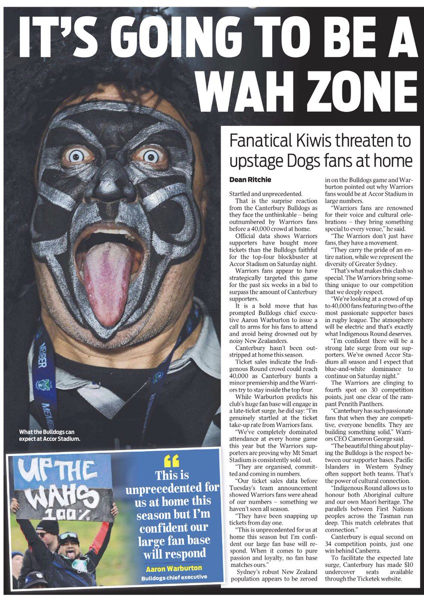 Not just a showdown on the field… off it…two passionate… some might say, too passionate… group of fans. 
<a href="/NRL_Bulldogs/">Canterbury-Bankstown Bulldogs</a> v <a href="/NZWarriors/">One NZ Warriors</a> 

<a href="/BulldogRitchie/">Dean Ritchie</a> 
#NRLBulldogsWarriors