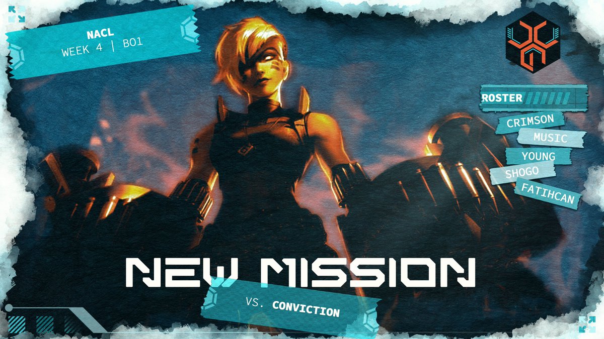 It's the last week of #NACL regular season! Starting the week with Bo1 vs. <a href="/CNVEsports/">Conviction</a>!

Watch live: twitch.tv/nacl
<a href="/myswordcrimson/">Crimson</a>
<a href="/MusicJGL/">Music</a>
Young
<a href="/shogolol/">Shogo</a>
<a href="/fatihcand15/">Fatihcan</a>

Head Coach: <a href="/CAutoboost/">Autoboost</a>
Team Manager <a href="/Esports_DemoZ/">DemoZ</a>
Sporting Director <a href="/Shelodin_SW/">Sheldon</a>
Design Director