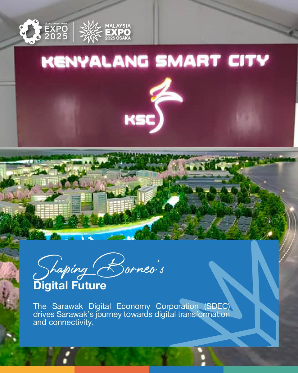 expo2025_my's tweet photo. The Sarawak Digital Economy Corporation (SDEC) is shaping Sarawak’s digital future through smarter connectivity, inclusive access, and sustainable tech solutions, as supported by #MalaysiaPavilion at #Expo2025Osaka.

#SarawakWeek #SDEC #DigitalisingSarawak #WeavingTheFuture
