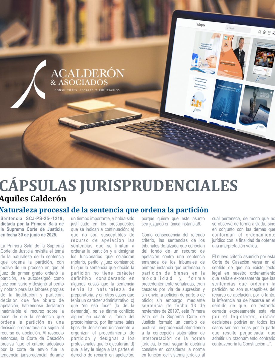 ¿Es susceptible de apelación la sentencia que ordena la partición?. El tema de hoy en las #CápsulasJurisprudenciales de los miércoles, en el marco de la sentencia SCJ-PS-25-1219 dictada el 30 de junio de 2025 por la Primera Sala de la Suprema Corte de Justicia.