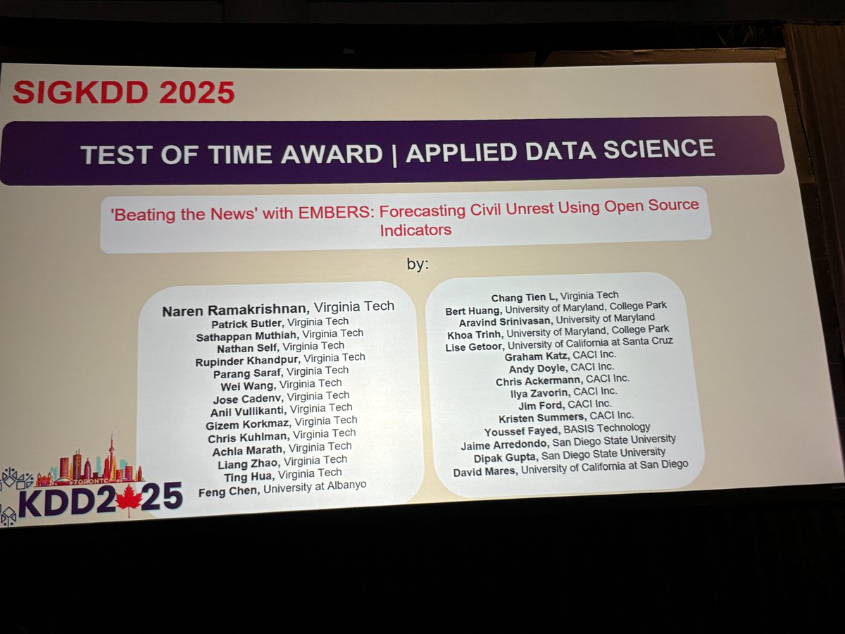 Humbled to have our EMBERS forecasting work from KDD'04 recognized with a 2025 SIGKDD Test of Time Award—given to papers from over a decade ago that have had a lasting impact. Thanks to the awards committee and all our well-wishers in the KDD community.

Tried tagging my