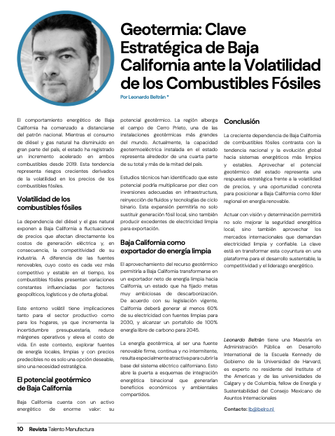 Agradezco a <a href="/MariaAl99535928/">Maria Alejandra Ortiz Ramos</a> <a href="/IndustrialNBC/">Industrial News BC</a>, Embajadora de Energía de Baja California <a href="/iamericas/">Institute of the Americas</a> <a href="/IOA_Energy/">IOA_Energy</a> por la invitación para compartir mi opinión sobre cómo la #Geotermia es un aliado estratégico de BC ante la volatilidad de los combustibles fósiles issuu.com/industrialnews…