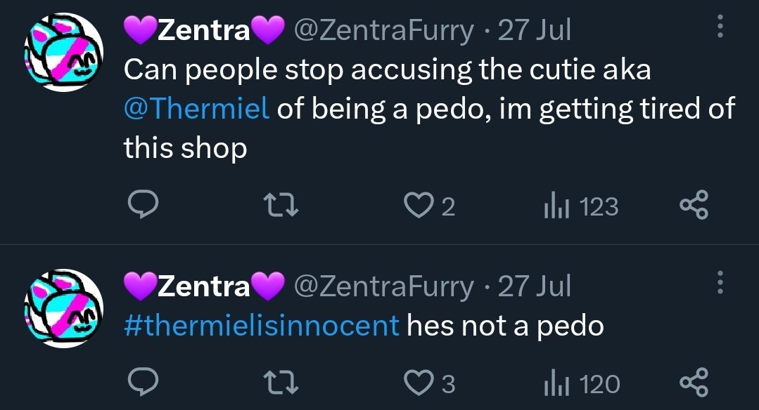 ZombzTombz's tweet image. To anyone following or interacting with @Thermiel in August of 2023 They were found to be dating a 14yo while 18yo

They&apos;re currently claiming that they&apos;ve &quot;changed&quot; 

Their victim isn&apos;t even old enough to be in the age of consent, The victim is 16 right now. Their 20.