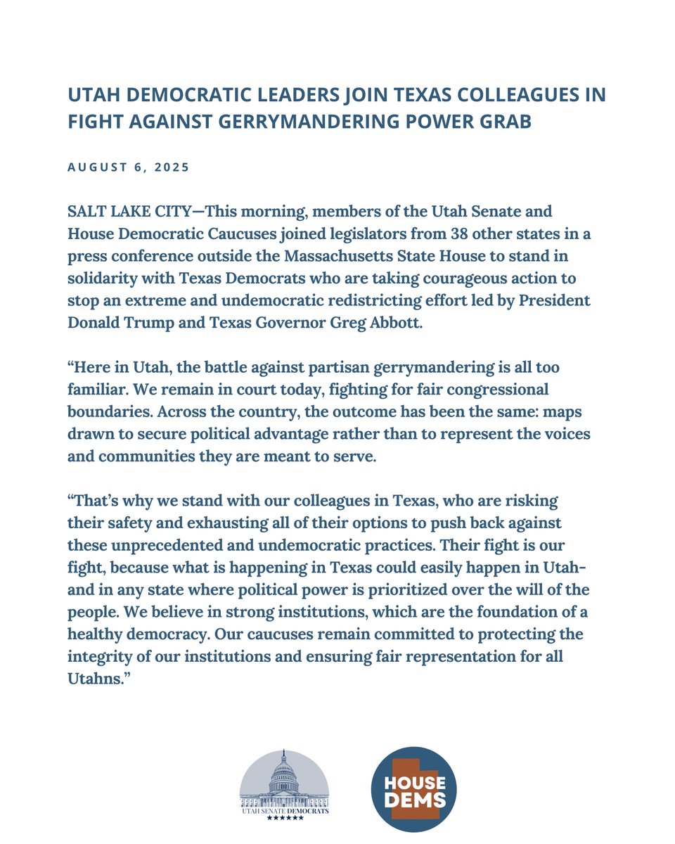 UtahSenDems's tweet image. Utah Democratic Leaders Join Texas Colleagues in Fight Against Gerrymandering Power Grab. #utleg #utpol