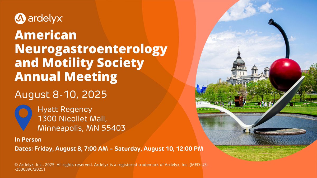 ArdelyxMedical's tweet photo. Ardelyx Medical Affairs will present data at #ANMS2025:
A post hoc analysis of Tenapanor in IBS-C patients with/without prior Rx treatment (T3MPO-1 & -2).
🗓️Aug 8 | 6 PM
📍Poster #35 | Hyatt Regency Minneapolis
#IBSC #Gastroenterology #Tenapanor #MedicalAffairs https://t.co/UeSv5kaGSb