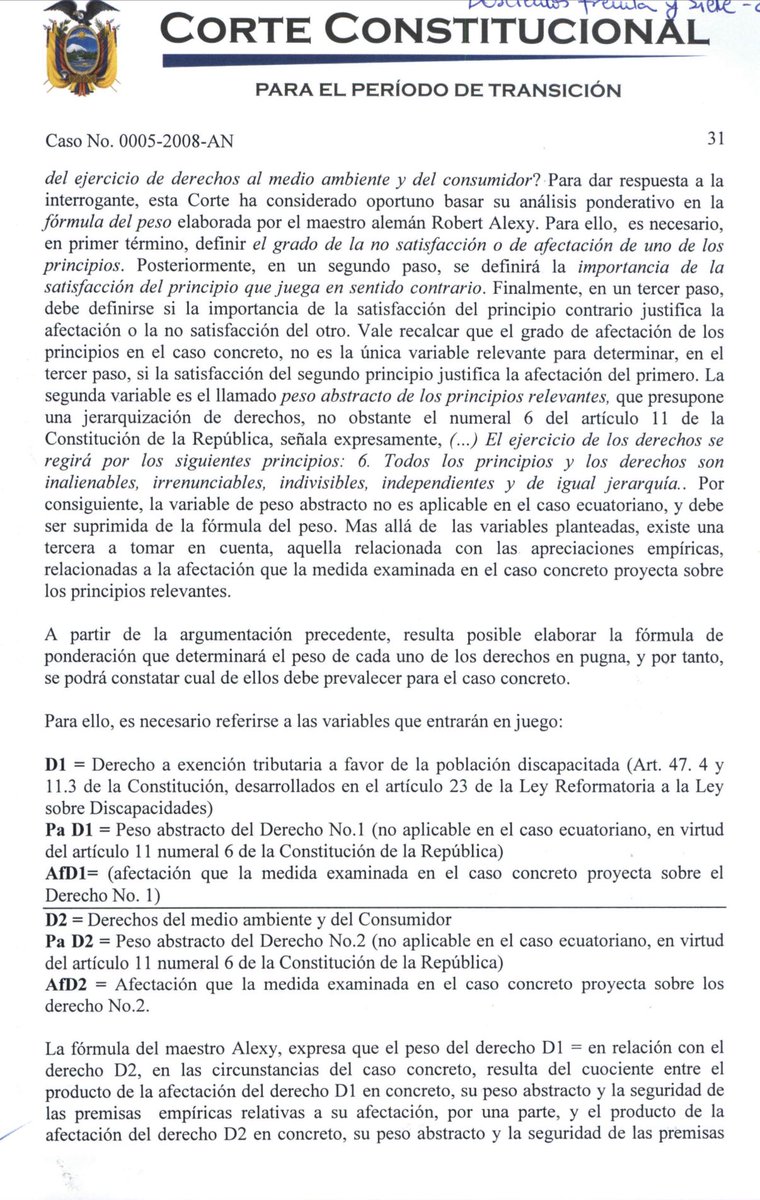 AndreBenavidesM's tweet photo. La Sentencia 002‑09‑SAN‑CC es el mejor ejemplo de la novelería en la que pudo incurrir la @CorteConstEcu en 2009 respecto a la ponderación de derechos utilizando la fórmula de peso de Alexy. 

¿Se imaginan a nuestros legisladores desenmarañando esto en juicio político? https://t.co/vF2Nyakkfw