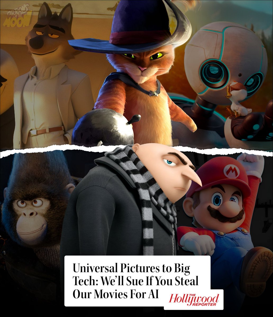 CartoonsOTMoon's tweet photo. Desde ahora, DreamWorks e Illumination incluirán un mensaje en los créditos de sus películas para prohibir su uso en entrenamientos de inteligencia artificial. 

Esto como parte de una nueva medida de Universal para proteger sus trabajos. https://t.co/k9AGE8Iqc5