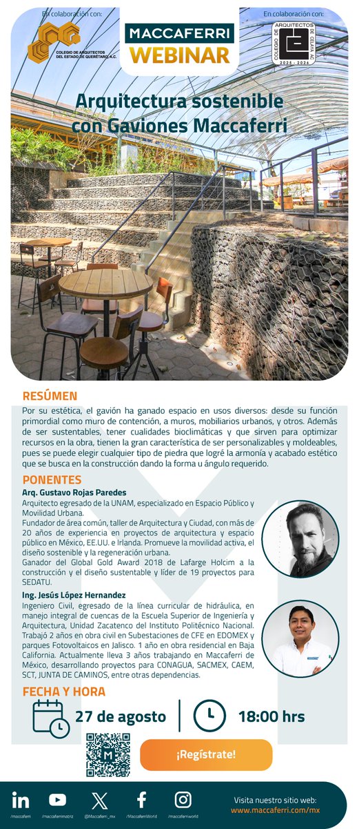 #Webinar 

#Arquitectura #sostenible con gaviones👷‍♀️

Haz tu registro y asegura tu lugar para este 27 de agosto:
🔗www2.maccaferri.com/l/965143/2025-…

Este es un evento realizado por Maccaferri en colaboración con los colegios de arquitectos tanto de Querétaro como del <a href="/colegio_celaya/">COLEGIO DE ARQUITECTOS DE CELAYA AC</a>.