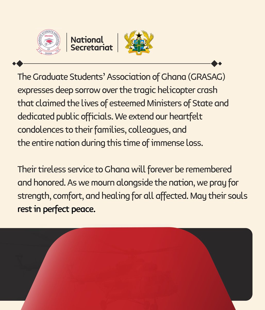JimmyMawuse's tweet photo. GRASAG National mourns the tragic loss of Dr. Omane Boamah, Dr. Murtala Mohammed, and six others in the helicopter crash. Their legacy of service and leadership will never be forgotten. May their souls rest in perfect peace. 🇬🇭🕊️ #BLACKWEDNESDAY #Ghana https://t.co/9eFfBhrpUb