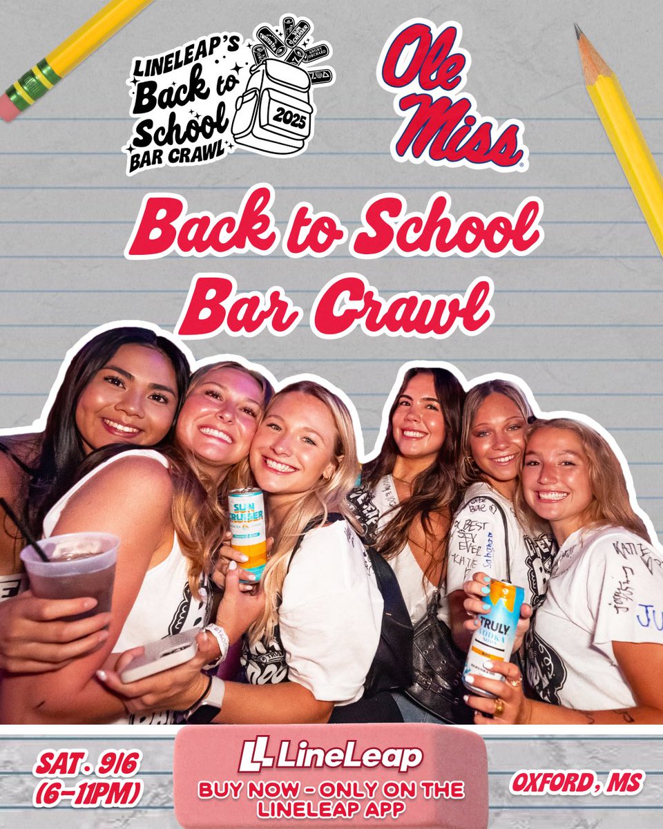 OleMissChicks's tweet photo. 🗣 BAR CRAWL!! Introducing📚LineLeap’s Back to School Bar Crawl 🍺
👕 SHIRTS ON SALE only on the LineLeap App (download w/ link in @lineleap_ bio). Must be 21+
📱 Stay tuned to LineLeap's IG and app for updates and info on bars, start times, t-shirt pickup times, specials &amp; more https://t.co/6czyOqgn2m