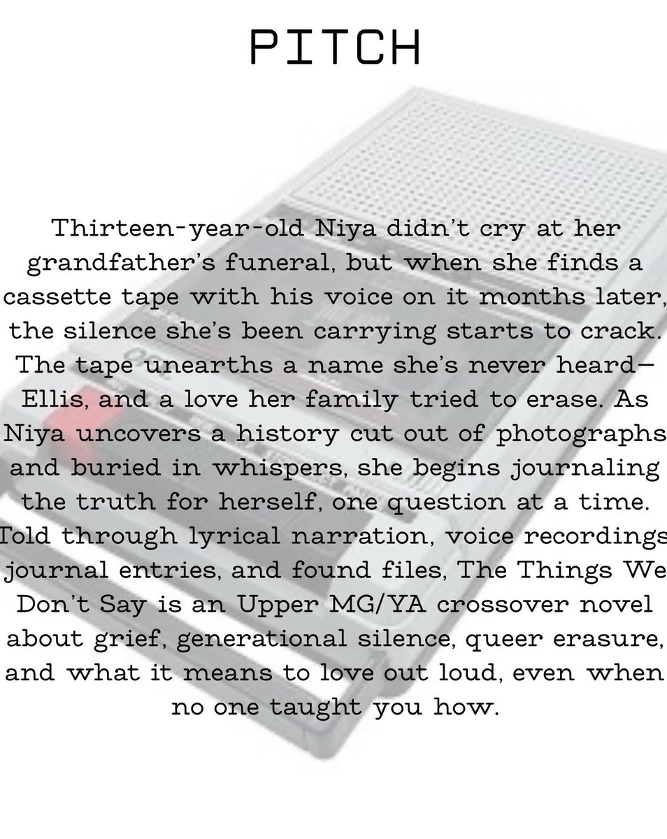 CharliRaeBooks's tweet photo. Told through journal entries, cassette tapes & found files,
The Things We Don't Say follows 13-year-old Niya as she breaks her family's silence, uncovers queer erasure, and reclaims a love they tried to cut out.
#QuestPit #UpperMG #YA #OwnVoices https://t.co/MZOMBFVRmr
