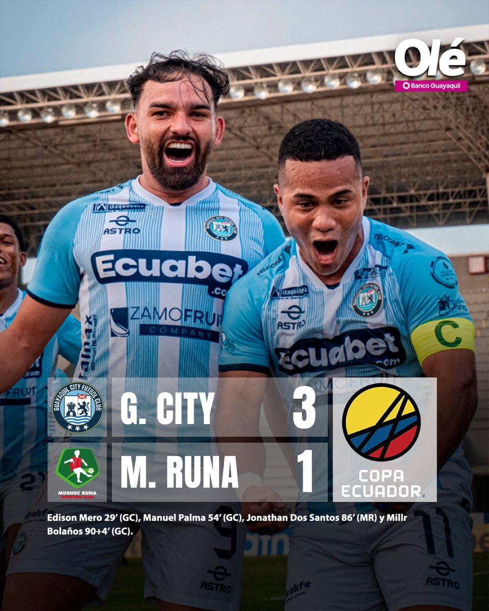 🏆🇪🇨 #CopaEcuador ¡GANÓ EL CITY! ¡AFUERA EL PONCHITO

➡️ Guayaquil City le ganó 3-1 a Mushuc Runa por los 16avos. de final en el Chucho 🏟️

⚽️ Goles de Edison Mero, Manuel Palma y Miller Bolaños
 
🔜 Se cruzará en la octavos de final contra Deportivo Santo Domingo