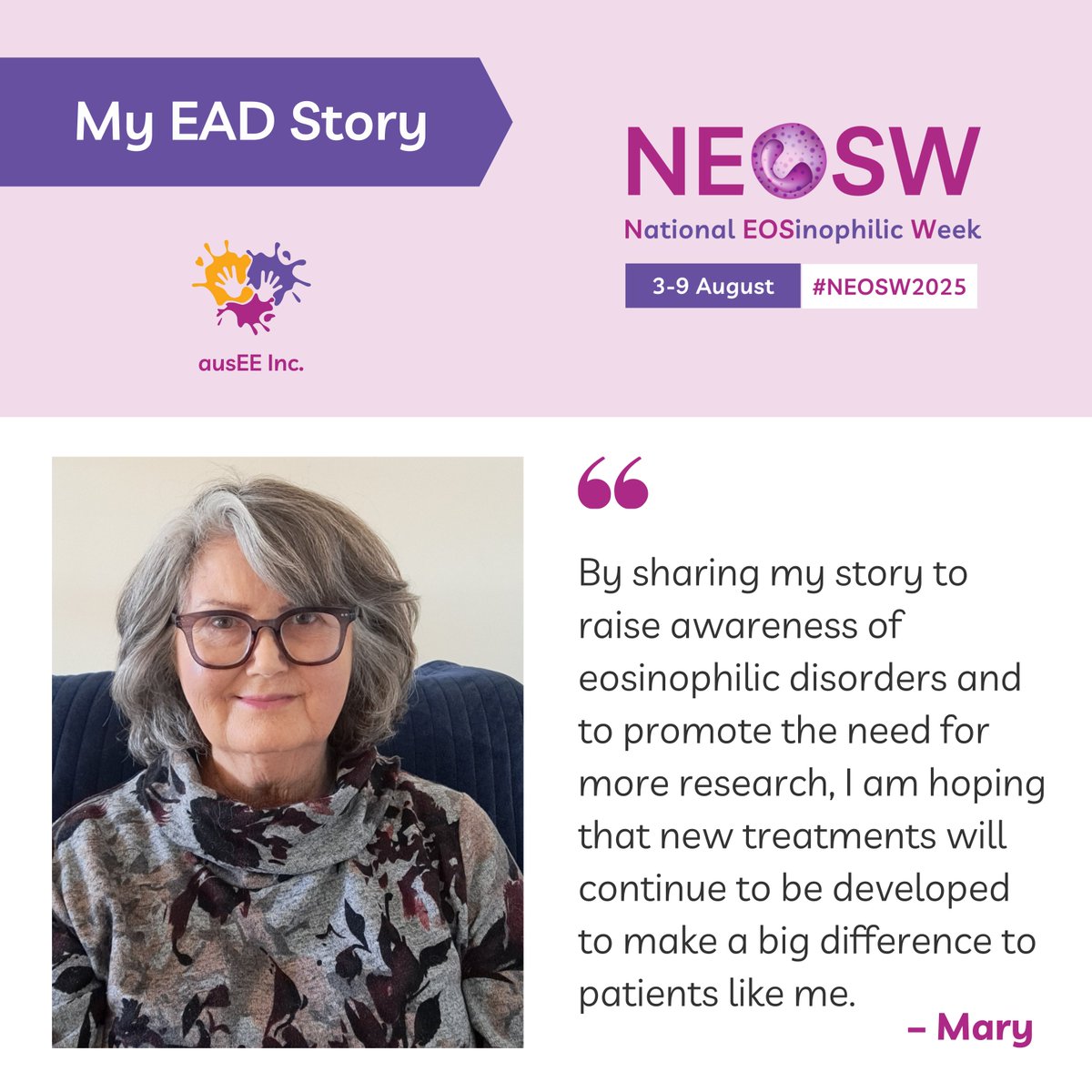 ausEEorg's tweet image. Today’s #MyEADStory is Mary’s. Mary was diagnosed with EGPA 30 years ago. Every patient has an individual experience according to their own particular symptoms and their response to treatment. 
You can find her story on our #EOSaware website: eosaware.com/myeadstories
#NEOSW2025