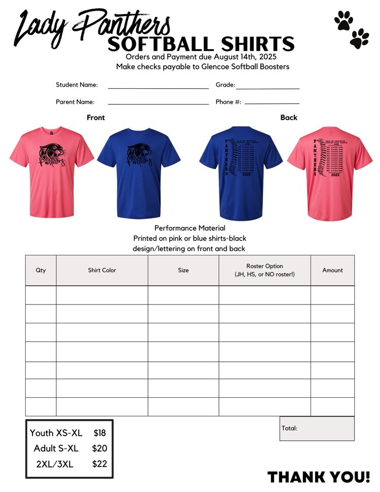 Lady Panther Softball shirts
Orders due August 14th