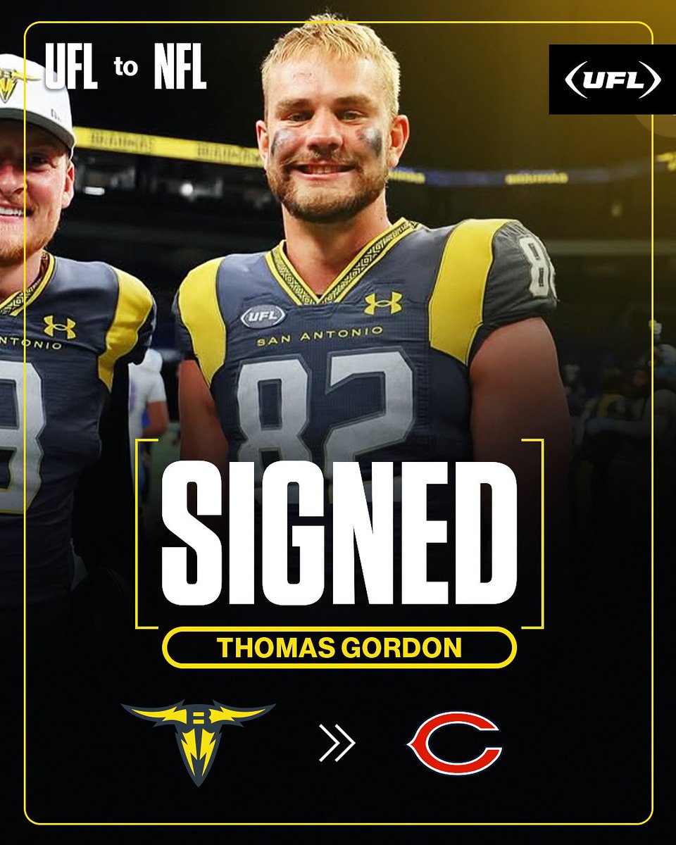 San Antonio ➡️ Chicago

TE Thomas Gordon officially signs with the <a href="/ChicagoBears/">Chicago Bears</a> 

#UFLtoNFL