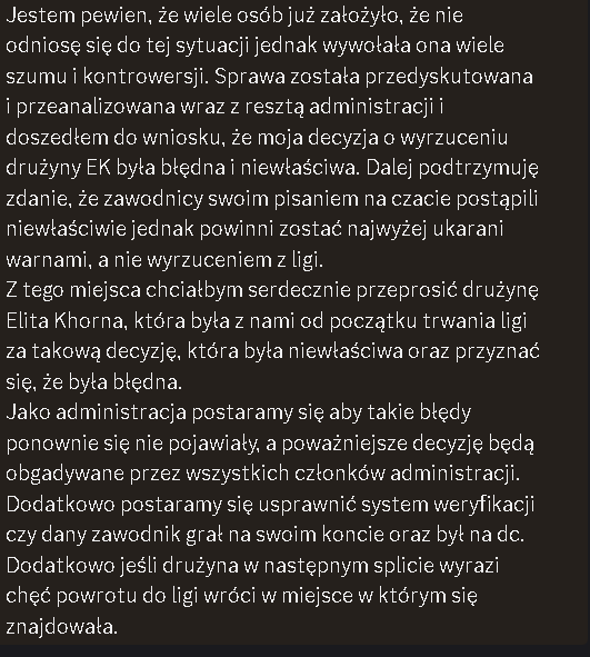 Statement włodarza DLL BolczinUNO w sprawie wyrzucenia drużyny Elita Khorna